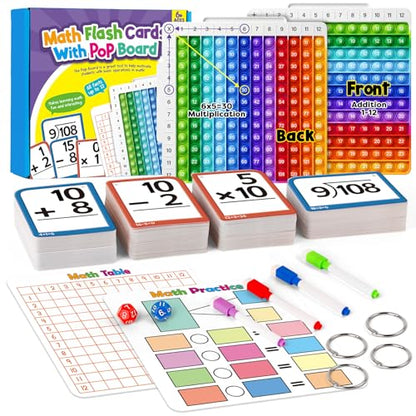 Torlam Math Flash Cards Math Board,Math Games Manipulatives Times Table Chart Fun Learning Interactive Practice Kit for Kids,Multiplication,Division,Addition,Subtraction Flash Card Pack Toys for Kids - style: 332 Flash Cards+Math Board+Dice+Storage Bag+Pe