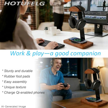 Solid Wooden Headphone Holder with Qi Wireless Charging Pad, Gift Choice | Heavy Duty Wood Universal Headset Stand Compatible with Airpods Max,Bose,Razer,AKG,Equipment Accessories for Walnut Desk - color: Black