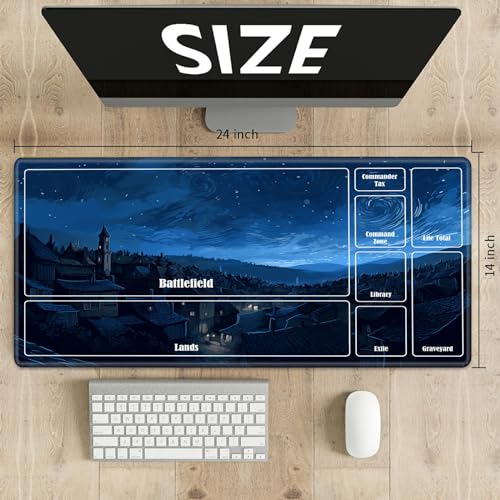 Board Game Mat TCG Playmat Plus 50 Pcs Card Sleeves, 24 x 14 inches Table Mats Games Mousepad with Zones Smooth Surface for MTG RPG CCG Trading Card Game Play Mats, Village Night - color: Village Night, size: Zone 1