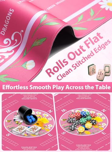 Crease-Free Mahjong Learning Mat 33.1" x 33.1", American Mah Jongg Mat with Rules, Quiet Non-Slip Large Mahjong Table Cover, Floral Gaming Mats for Mahjong, Poker, Dominoes & Board Games (Rose Pink) - color: Rose Pink