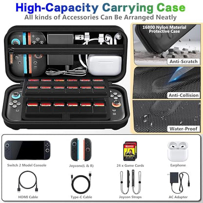 ERTYOIUJF Carrying Case Compatible with Nintendo Switch 2 (2025), Hard Shell Portable Travel Carrying Case Large Space with 24 Games Cartridges for Switch Console & Accessories