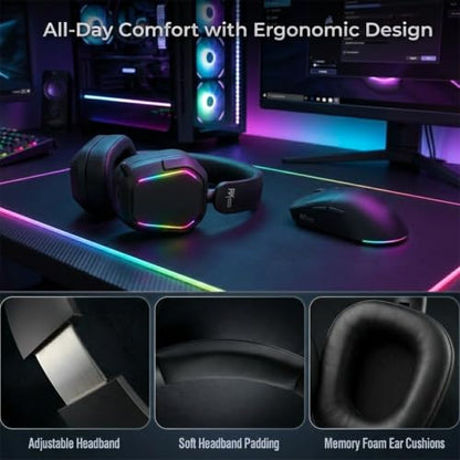 RK ROYAL KLUDGE HG101 V2 Wireless Gaming Headset, 2.4G/Bluetooth 6.0/3.5mm Wired Headphones, 7.1 Surround Sound, 40mm Drivers, Memory Foam Cushions, Works with Xbox, PS4/5, PC, Switch, Black - color: Black