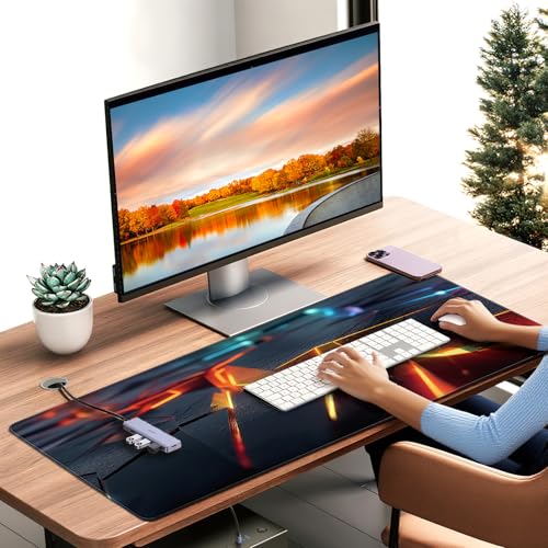 Large Gaming Mouse Pad, Abstract Geometric Orange and Blue Pattern, Extended 35.4 x 15.7 Inches, Non-Slip Rubber Base, Stitched Edges, XXL Desk Mat - color: With Abstract Geometric Design