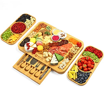 ROYAL CRAFT WOOD Bamboo Cheese Board and Knife Set with Charcuterie Board & Serving Tray with Appetizer Plates & Side Trays (17.5 x 13) - style: 5-6 Guests