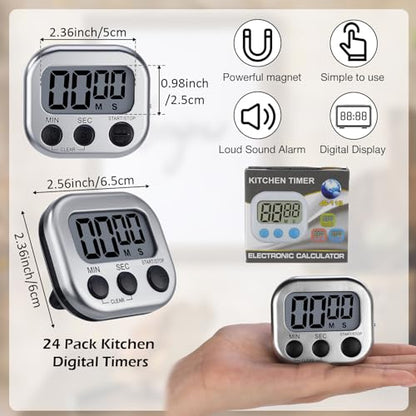 Leumoi 24 Pack Multi-Function Digital Timers with Magnetic Back, Large LCD Display, Loud Alarm, Count up & Countdown, Memory Function for Cooking, Classroom, Study, Exercise & Work(Sliver and Black) - color: Sliver and Black
