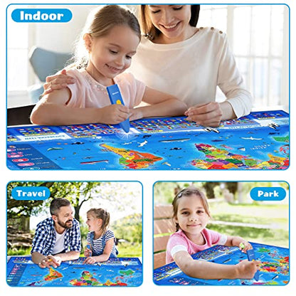 Qiaojoy Bilingual Interactive World Map for Kids Learning and Educational Toys, Talking Electronic Kids World Map i-Poster Geography Games Ages 3 to 12 Years Old, Custom Talking Birthday Gifts Card - style: World Map