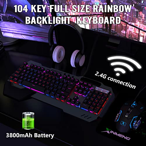 Wireless Gaming Keyboard and Mouse Combo,Rainbow LED Backlit Keyboard with Rechargeable 3800mAh Battery Metal Panel,Removable Wrist Rest Mechanical Feel and 7 Color Mute Gaming Mice for PC PS4 PS5 - color: Black LED Mix