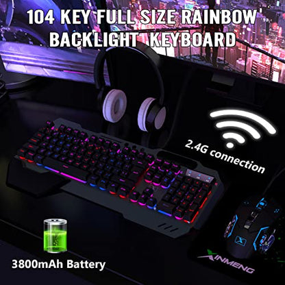 Wireless Gaming Keyboard and Mouse Combo,Rainbow LED Backlit Keyboard with Rechargeable 3800mAh Battery Metal Panel,Removable Wrist Rest Mechanical Feel and 7 Color Mute Gaming Mice for PC PS4 PS5 - color: Black LED Mix
