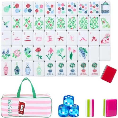 4 Layer Mahjong Tiles, 2026 Premium 160 Pcs Acrylic American Mahjong Tiles Set with Dice, Engraved Four Layer Mahjong Tile with Exquisite Carrying Bag, Home Trips Social Game (Garden Floral) - color: Garden Floral