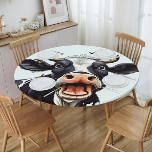 Famame Farm Cow Open Mouth Round Fitted Tablecloth with Elastic Protector Table Kitchen Dinner Waterproof Oil-Proof Table Covers Fits 40"-44", Small - color: Farm Cow Open Mouth, size: Small (40"-44")