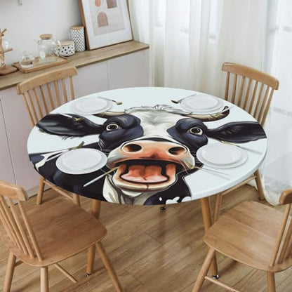 Famame Farm Cow Open Mouth Round Fitted Tablecloth with Elastic Protector Table Kitchen Dinner Waterproof Oil-Proof Table Covers Fits 40"-44", Small - color: Farm Cow Open Mouth, size: Small (40"-44")