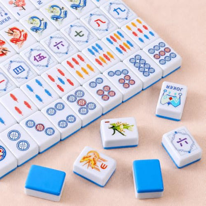 Blue American Mahjong Tile Set, 168 Premium Melamine Tiles | Gift-Ready Set with Storage Bag, Dice, Chips & Accessories for Family Game Nights, Parties, Travel and Vacations - color: Blue