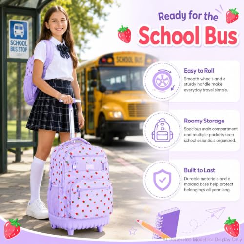 3Pcs Rolling Backpack for Girls Women, Travel Roller Backpacks with Wheels for Adults, Teens College Strawberry Wheeled Bookbag with Lunch Box (Purple) - color: Strawberry Purple