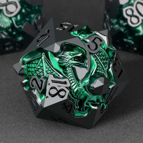 Roycevon Relief Dragon DND Dice Set for Role Playing Game, 7Pcs Metal D&D Dice Set Dungeons Dragons with Gift Box, Polyhedral D and D Dice D20 D12 D10 D8 D6 D4, Green and Black - color: Green and Black