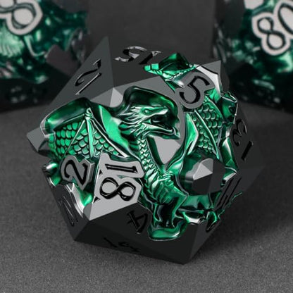 Roycevon Relief Dragon DND Dice Set for Role Playing Game, 7Pcs Metal D&D Dice Set Dungeons Dragons with Gift Box, Polyhedral D and D Dice D20 D12 D10 D8 D6 D4, Green and Black - color: Green and Black