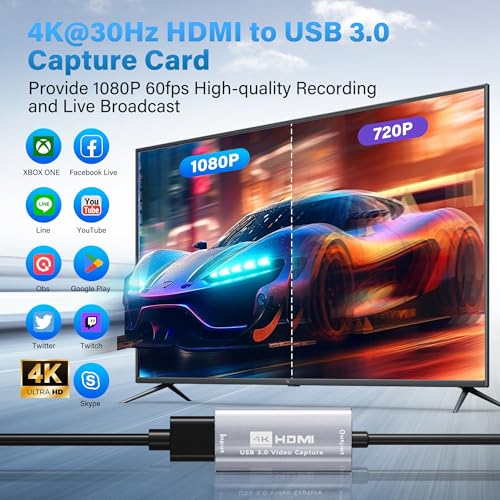 Video Capture Card for Streaming,4K HDMI to USB C Capture Card with USB A 3.0 Adapter,1080P 60FPS,Compatible with iPad Mac OS Windows, PS4/PS5, Switch2/1, Xbox, Camera, DVDs,DSLR for Broadcasting BS
