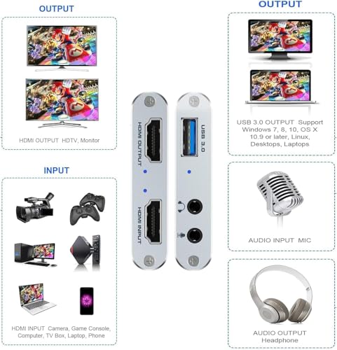 Video Capture Card Nintendo Switch, 4K HDMI Video Capture Card, 1080P 60FPS, HDMI to USB 3.0 Capture Card for Streaming Work with Camera/Xbox/PS4/PS5/PC/OBS - color: Grey