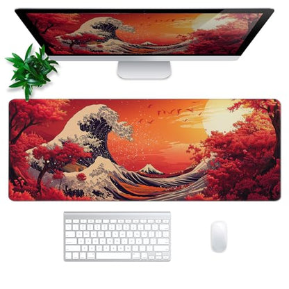 Red Japanese Sea Wave Mouse Pad Abstract Red Mouse Pad 31.5x11.8 Inch Texture Non-Slip Rubber Base Large Mousepad Stitched Edges Keyboard Mouse Mat Desk Pad for Office and Home - color: Red Japanese Sea Wave