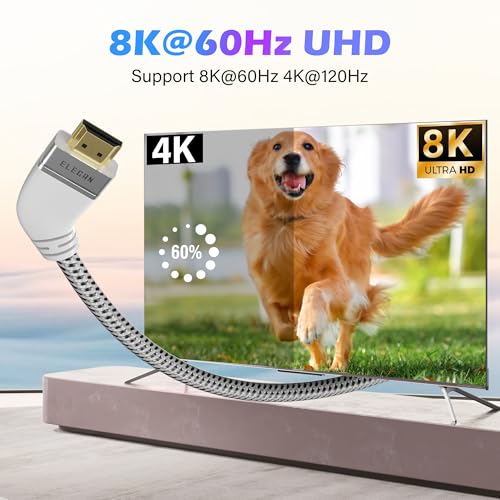 Elecan Certified 8K HDMI 2.1 Cable 3 Ft, Left 45 Degree Angled High Speed 48Gbps Braided HDMI Cord, 8K@60Hz 4K@120Hz 2K 1080P, HDR10+, eARC HDCP 2.3 for Video Gaming PC PS5 Xbox Switch TV Monitor