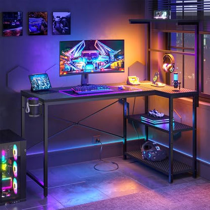 42" L-Shaped Gaming Desk with Power Outlets LED Lights, Black | Reversible Design, LED Lights, 4-Tier Storage Shelves, Headphone Hook, Foldable Cup Holder, Home Office, Small Space - color: Black, size: 42 Inch