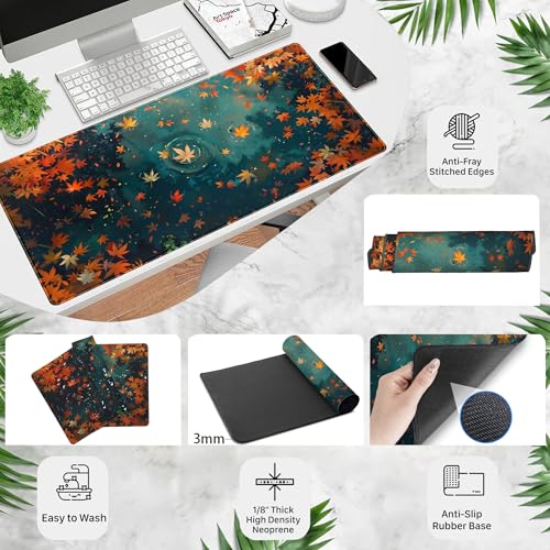 Maple Leaves Desk Mat Gaming Mouse Pad Large, Extended Desk Pad Full Desk Cover Mat, Fall Leaves Laptop Keyboard Pad, Computer Desktop Mat XXL, Aesthetic Fall Desk Accessories 31.5x15.7 Inch - color: Fall Leaf
