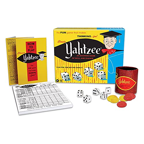 Winning Moves Classic Yahtzee, with Retro Art and Dice Cup | Exciting Game of Skill and Chance, Original Components, 2 or More Players, Ages 8+