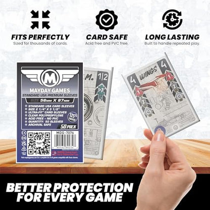 Mayday Games Premium Card Sleeves USA Standard 56x87mm - Clear Board Game and K-Pop Photocard Sleeves, 90 Micron Protector, 50 Pack - MDG-7076