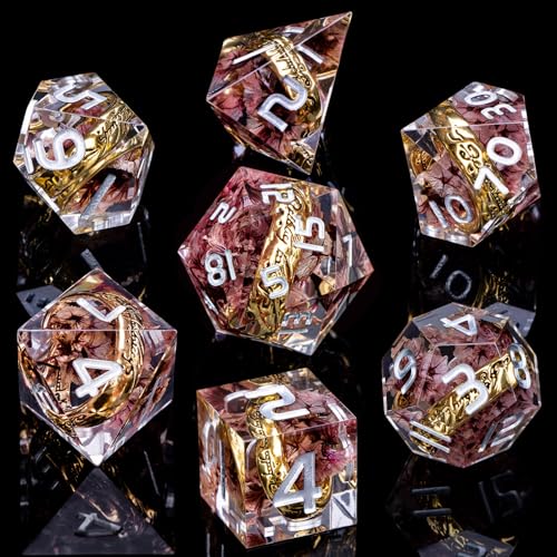 Magic Golden Ring DND Dice Set Sharp Edge Resin Dice with Case, Pink Flower Lord D and D Dice for use with D&D RPG Role Playing Games, Polyhedral Dice Set D20 D12 D10 D8 D6 - color: Ring-flower-1