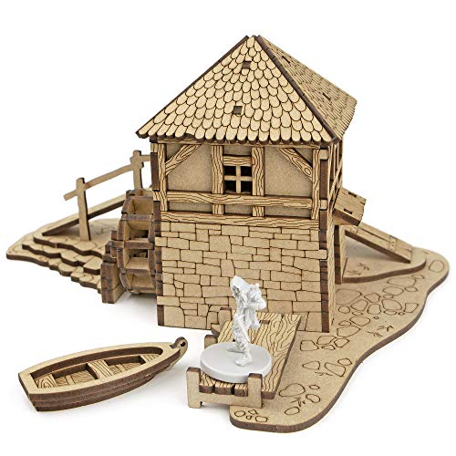 TowerRex Watermill D&D Terrain Buildings, DND Accessories for Dungeons & Dragons, Pathfinder, Warhammer, Tabletop Battle Map, Wooden Laser Cut Wargaming Terrain, RPG Scenery for 32mm, 28mm Miniatures