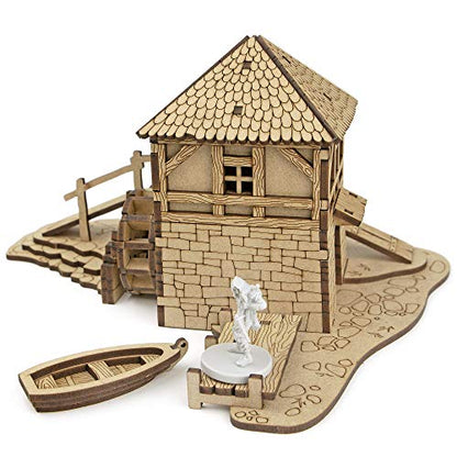 TowerRex Watermill D&D Terrain Buildings, DND Accessories for Dungeons & Dragons, Pathfinder, Warhammer, Tabletop Battle Map, Wooden Laser Cut Wargaming Terrain, RPG Scenery for 32mm, 28mm Miniatures