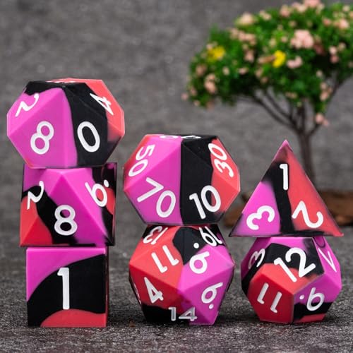 Silicone D&D Dice, 7pcs Rubber Polyhedral DND Dice Set, Sharp Edges Soft Perfect Bouncer for Dungeons and Dragons, RPG, MTG (D4, D6, D8, D10, D12, D20, D%) for Ages 15 and Up - color: Red Black Rose Red