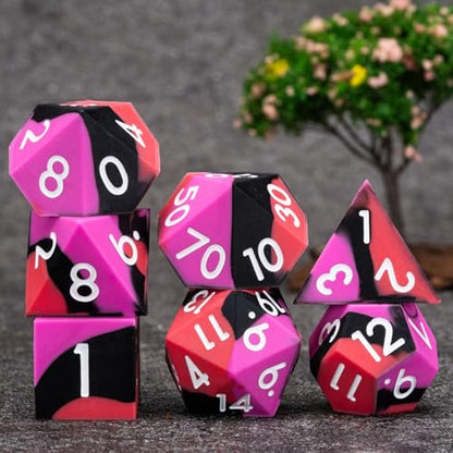 Silicone D&D Dice, 7pcs Rubber Polyhedral DND Dice Set, Sharp Edges Soft Perfect Bouncer for Dungeons and Dragons, RPG, MTG (D4, D6, D8, D10, D12, D20, D%) for Ages 15 and Up - color: Red Black Rose Red