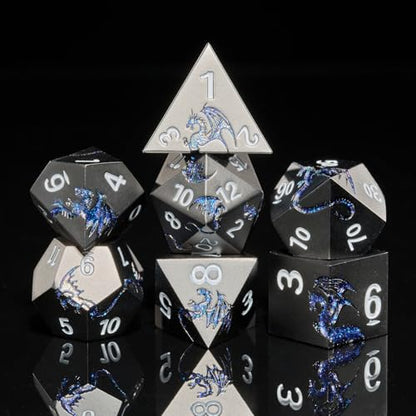 Metal Dice Set,7-Piece Dragon Dice for DND and RPGs,Glitter Blue | Heavy zinc alloy polyhedral dragon dice with easy-to-read numbers and a magnetic gift box for fantasy tabletop RPG games. - color: Black With Glitter Blue