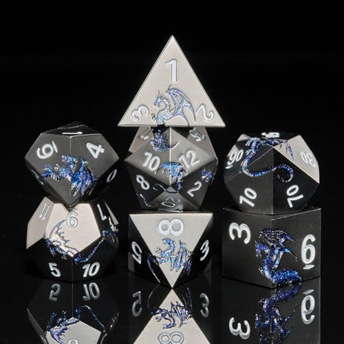 Metal Dice Set,7-Piece Dragon Dice for DND and RPGs,Glitter Blue | Heavy zinc alloy polyhedral dragon dice with easy-to-read numbers and a magnetic gift box for fantasy tabletop RPG games. - color: Black With Glitter Blue