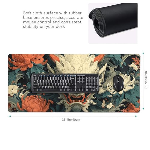 Japanese Mouse Pad, Hannya Mask Desk Mat with Floral Design, XL Gaming Mouse Pad 35.4 x 15.7 Inch, Non-Slip Rubber Base with Stitched Edges for Office and Gaming - color: Green And Gold