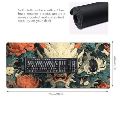 Japanese Mouse Pad, Hannya Mask Desk Mat with Floral Design, XL Gaming Mouse Pad 35.4 x 15.7 Inch, Non-Slip Rubber Base with Stitched Edges for Office and Gaming - color: Green And Gold