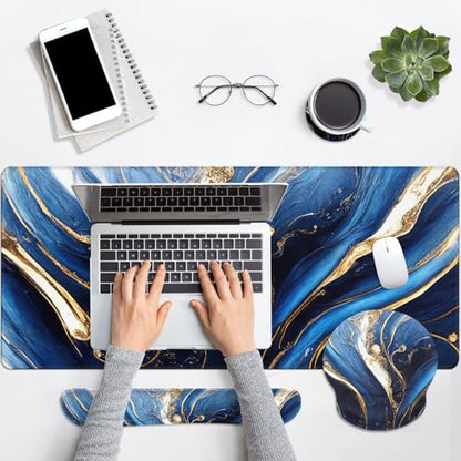 Britimes Blue and Gold Marble Keyboard Mouse Pad Set 4in1 Large Mousepad+Keyboard Wrist Rest+Mouse Wrist Rest+Coaster Set with Ergonomic Design for Home Office Computer 35.4x15.7 inches - color: Blue and Gold Marble