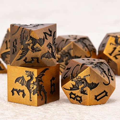 Metallic DND Dragon Dice Set,Sharp Edge Metal Polyhedral Dice with Dragon for Dungeons and Dragons RPG TTRPG D&D 7-Die Set with Gift Case - color: Dragon-antique Gold