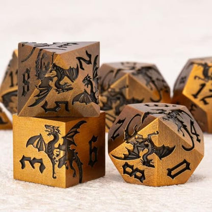 Metallic DND Dragon Dice Set,Sharp Edge Metal Polyhedral Dice with Dragon for Dungeons and Dragons RPG TTRPG D&D 7-Die Set with Gift Case - color: Dragon-antique Gold