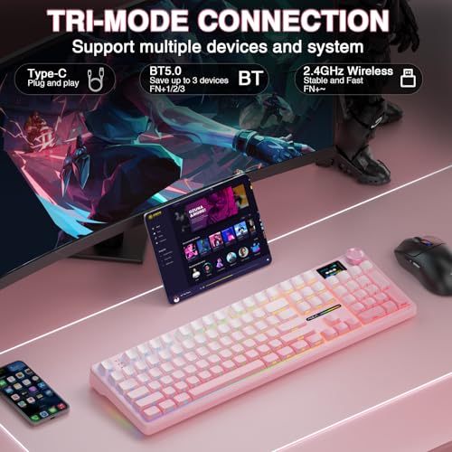 AULA F108 PRO - Wireless Mechanical Keyboard with Screen & Knob,Full Size Keyboard with 8000mAh Battery,Pre-lubed Switches,Side Printed PBT Keycaps,RGB Backlit Hot Swappable Custom Pink Keyboards - color: Pink