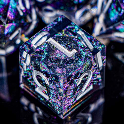 DND Skull Dice Set 7PCS Necromancer Polyhedral Dice for Dungeons Dragons RPG Role Playing Game, Resin Sharp Edged D and D Dice with Gift Box D6 D8 D10 D12 D20 (Green Purple) - color: Purple Green&silver