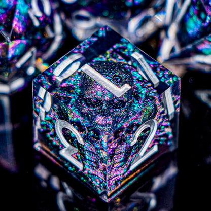 DND Skull Dice Set 7PCS Necromancer Polyhedral Dice for Dungeons Dragons RPG Role Playing Game, Resin Sharp Edged D and D Dice with Gift Box D6 D8 D10 D12 D20 (Green Purple) - color: Purple Green&silver