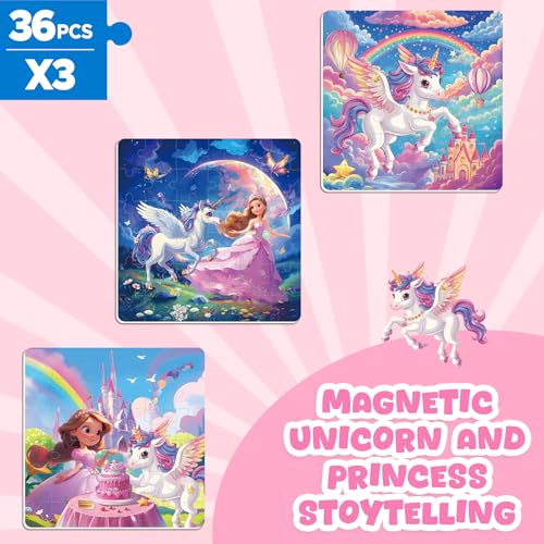 Magnetic Jigsaw Puzzles for Toddlers Kids 3-8 Girls,(3 36-Pieces) Travel Puzzles Toys for Kids Ages 4-6,Take-Along Car Airplane Road Trip Activities Game for 3 4 5 6 7 8 Year Old Birthday Gift - style: Unicorn Princess