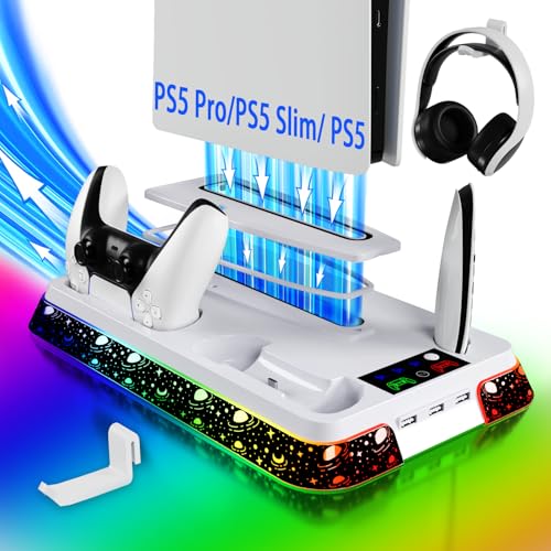 PS5 Stand for PlayStation 5 Disc & Digital Console, PS5 Cooling & Charging Station with RGB, PS5/Slim/Pro Controller Charger Incl. 3 Level Fan,Headset, PS5/Slim/Pro Accessories Comes 3 USB Ports - color: Star-white