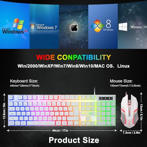 BlueFinger RGB Gaming Keyboard and Backlit Mouse Combo, USB Wired, LED Gaming Set for Laptop PC Computer Game and Work(White) - color: White