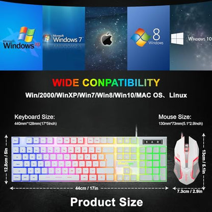 BlueFinger RGB Gaming Keyboard and Backlit Mouse Combo, USB Wired, LED Gaming Set for Laptop PC Computer Game and Work(White) - color: White
