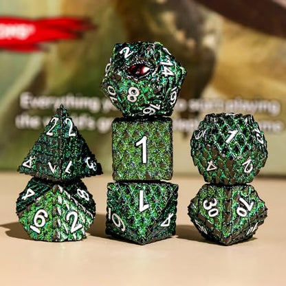 Metal Dice Set D&D,7 PCS Dragon Scale Metallic DND Dice Set,Dragon Eye Metal Dice with Grogeous Gift Case for Dungeons and Dragon Tabletop Game (Glitter Green Dragon Scale & Red Eye) - color: Glitter Green Dragon Scale & Red Eye