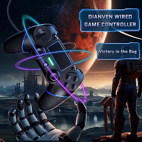 DIANVEN PS4 Wired Controller for PC with Double Vibration and Motion Motors, Compatible with Windows 11/10/8/7 - color: Black/Blue