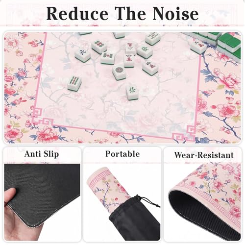 Britimes Mahjong Mat with Black Carrying Bag,31.5"x31.5", Floral Pink | Non-Slip Noise Reduction Gaming Mat Rubber Multi Purpose Game Table Cover for Mahjong Card Dominoes Board Tile Games - color: Pink Flowers
