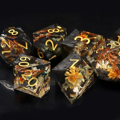 Haxtec Flower DND Dice Set Sharp Edge Resin Polyhedral Dice, Floral D&D Dice with Metal Case, Handmade Flower Inside Dice Set for Dungeons and Dragons TTRPG, Winter Black DND Gift - color: Black